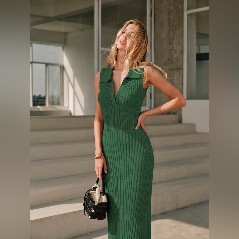 Commense Green Ribbed Midi Dress with Collar